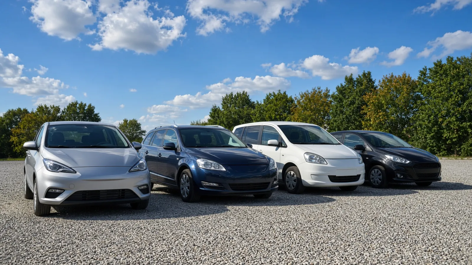 Gepflegte Gebrauchte in einer Reihe auf dem Hof, Laubbäume und Quellwolken im Vormittagslicht