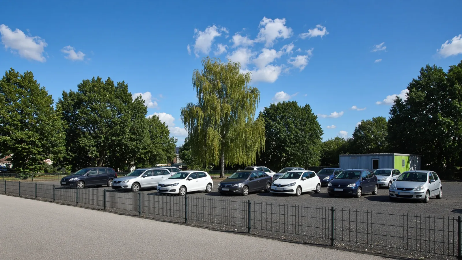 Gebrauchtwagen in einer Reihe unter Laubbäumen, blauer Himmel